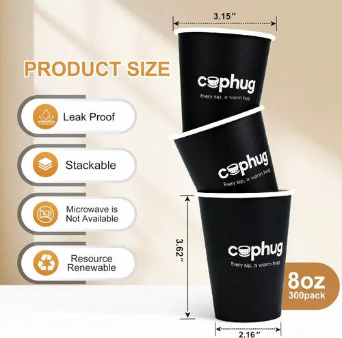 Miniatura 3 de Paquete de 300 vasos de papel desechables de 8 onzas, vasos de bebida caliente y fría para café, té, jugo, agua, tazas de café negras para oficina