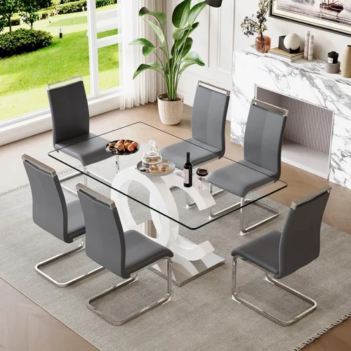 Miniatura 44 de gopop Mesa de comedor de cristal de 63 pulgadas, mesa de cocina moderna, mesa de comedor de vidrio transparente con patas de diseño único negro