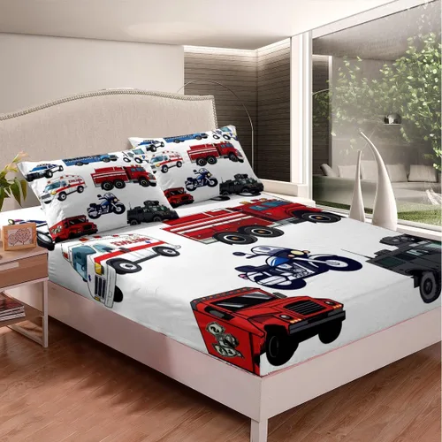 Miniatura 2 de Juego de ropa de cama para niños de policía para niños, tamaño individual, camión de bomberos, ambulancia, sábana bajera ajustable de dibujos