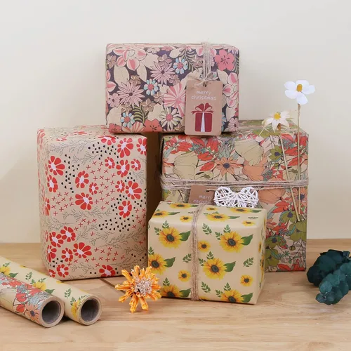 Miniatura 8 de Aimyoo Rollo de papel de regalo floral de kraft jumbo, papel de regalo para todas las ocasiones con flores de girasol para boda, despedida