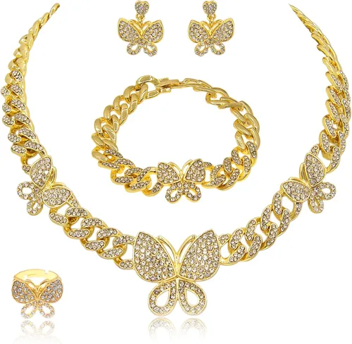 SYHOL Collares de mariposa para mujer, collar de cadena cubana, pulsera con colgante de mariposa grande, collar de eslabones cubanos con diamantes