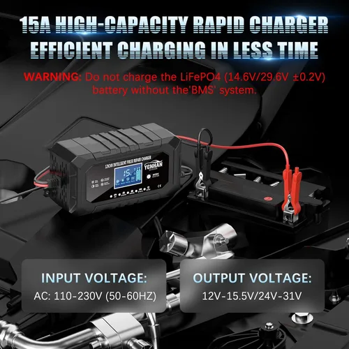 Miniatura 3 de YONHAN Cargador de Batería de 15 Amperios LiFePO4 Cargador de Batería de Coche de Carga Lenta 12V 24V Cargadores de Batería Inteligentes Totalmente