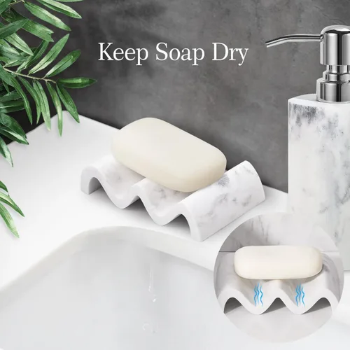 Miniatura 2 de Luxspire Jabonera, Jabonera de Mármol, Bandeja Autodrenante, Soporte de Jabón para Ducha, Baño, Fregadero, Cocina y Encimera, Blanco Grava