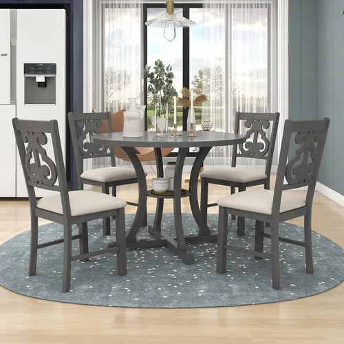 Miniatura 18 de Juego de mesa de comedor redonda clásica de 5 piezas con patas de forma especial y respaldo hueco para silla, para comedor, cocina, apartamento