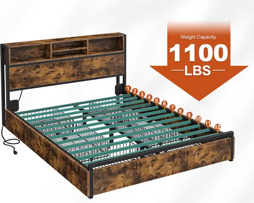 Miniatura 6 de EnHomee Base de cama Queen con 6 cajones de almacenamiento, marco de cama Queen con cabecero, marco de cama tamaño Queen con estación de carga