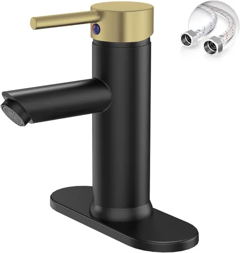 Grifo de lavabo de baño negro y dorado, con una sola manija, un agujero, con placa de cubierta y línea de suministro, latón