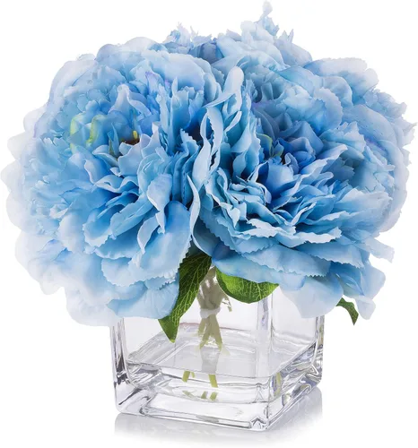 Arreglos florales de peonía de seda en jarrón de cristal con agua sintética para decoración de mesa del hogar, mesa de boda, centro de mesa (azul)