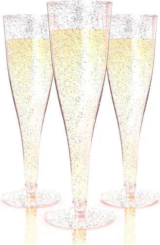 Miniatura 8 de Prestee 48 Copas de Champán de Plástico Desechables con Borde Dorado con Purpurina - Vasos Transparentes para Brindis de Mimosa, Fiesta de Año Nuevo