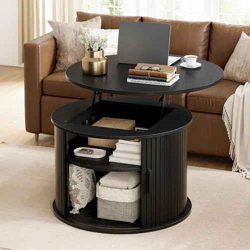 FABATO Mesa de centro redonda de elevación superior, mesa de centro de madera estriada con almacenamiento oculto y estantes abiertos, mesa de tambor