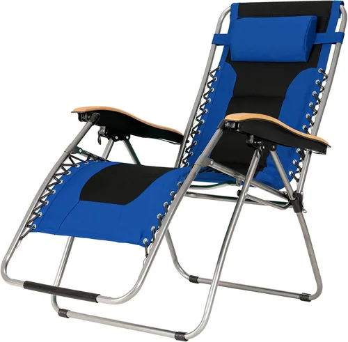 Miniatura 9 de Goplus Sillón plegable de gravedad cero, silla de patio reclinable acolchada de gran tamaño con reposabrazos de haya y almohada para la cabeza