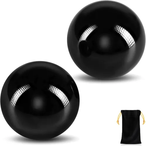 Miniatura 8 de Learay 2 bolas de obsidiana negra Baoding, bolas de masaje de ejercicio de salud chinas con bolsa de transporte para aliviar el estrés, bolas