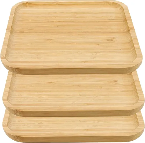 Miniatura 8 de JOIKIT Paquete de 3 Bandejas Redondas de Bambú de 8 Pulgadas, Platos Redondos de Madera Finamente Pulida, Bandeja de Servir de Bambú para Sostener