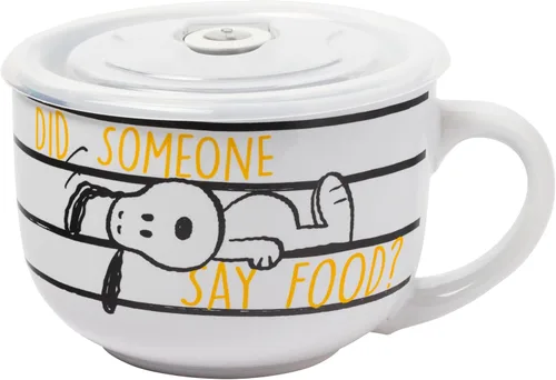 Silver Buffalo Peanuts Snoopy and Woodstock Did Someone Say Food - Taza de cerámica para sopa con tapa de plástico ventilada, 24 onzas Maní: