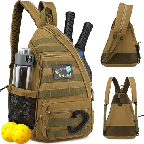 Bandolera de pickleball SunForMorning, mochila táctica de pickleball para mujeres y hombres, bolsa de hombro ajustable con gancho para cerca y Marrón
