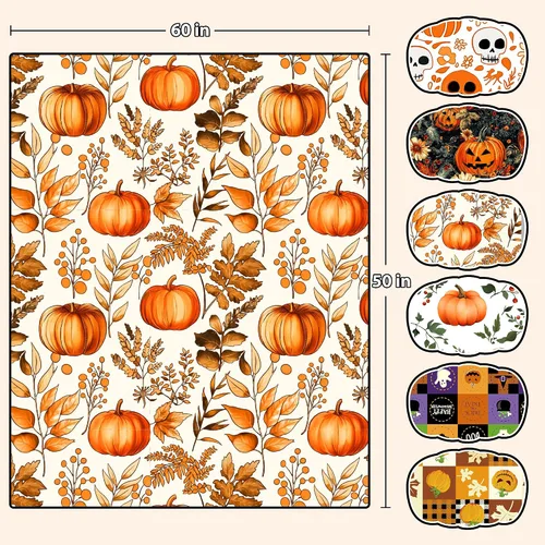 Miniatura 7 de ROMROL Manta de Halloween, manta de otoño, mullida, acogedora, suave, hojas de calabaza, manta de franela de felpa de forro polar, decoración
