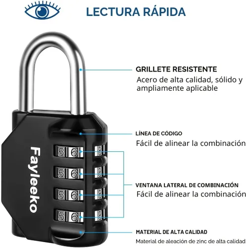Miniatura 3 de Fayleeko Cerradura de combinación, candado de 4 dígitos para la escuela, gimnasio, casillero deportivo, valla, caja de herramientas, estuche