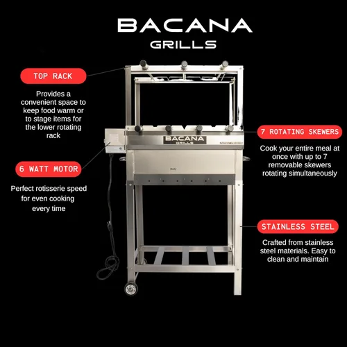Miniatura 3 de Parrilla de Barbacoa Brasileña Todo en Uno con Rotisserie - 7 brochetas - Churrasco - Acero Inoxidable - Parrilla Portátil de Fuego de Leña y Carbón