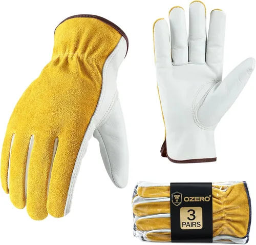 Miniatura 8 de OZERO Guantes de trabajo de piel de vaca con agarre flexible para cortar madera, construcción, conducción de camiones, jardín/patio para trabajo Oro