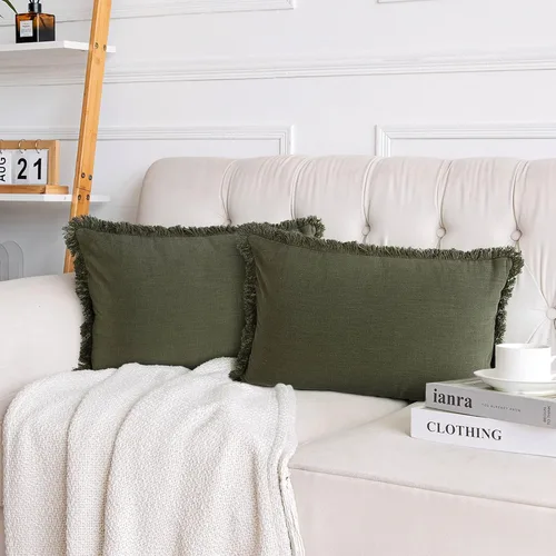 Miniatura 13 de AmHoo Paquete de 2 fundas de almohada de lino con borlas con flecos decorativas rústicas naturales para cojín de sofá, sofá, dormitorio 16 x 16 Beige