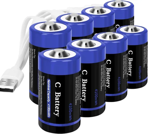 Baterías recargables de litio de celda C con cable de carga USB-C 4 en 1, paquete de 8 unidades de 1.5V 4100mWh de celda C de iones de litio,