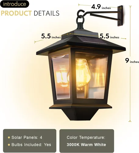 Miniatura 7 de PASAMIC Paquete de 2 faroles solares de pared, luces colgantes para exteriores con 4 paneles solares, aplique de pared LED del atardecer al Negro