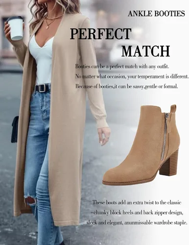 Miniatura 5 de Botines para mujer, tacón grueso, cremallera lateral, puntera puntiaguda, gamuza, para otoño e invierno