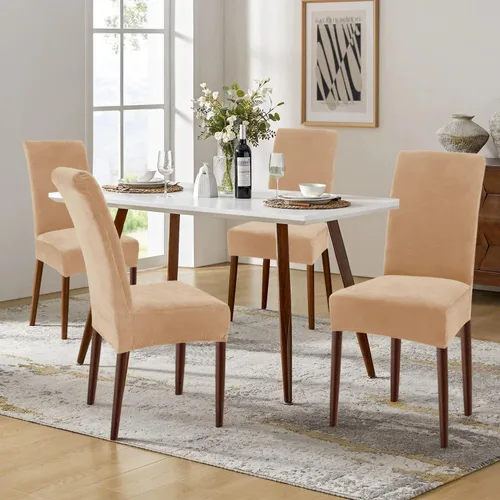 Miniatura 2 de smiry - Fundas para sillas de comedor de terciopelo elástico y suave, extraíbles, Terciopelo, Beige