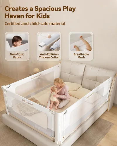 Miniatura 7 de Barandilla de cama para niños pequeños, protector de riel de cama de bebé grueso y reforzado para cama individual con bloqueo doble para niños