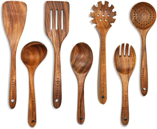 Juego de utensilios de cocina de madera de teca, 7 piezas, utensilios de cocina de madera, incluye espátula