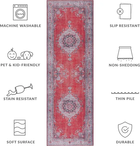 Miniatura 7 de SAFAVIEH Tucson Collection - Alfombra lavable de 2 pies 6 pies x 8 pies, rojo y beige, antideslizante y fácil de limpiar, ideal para pasillo