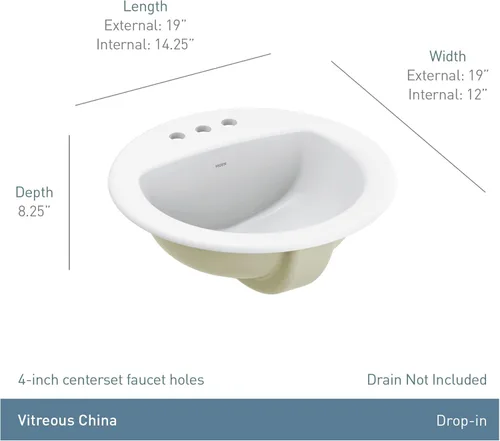 Miniatura 4 de Moen BGCW13OD1919 - Fregadero de encimera de porcelana vítrea blanca, fregadero de baño ovalado de 19 x 8.25 pulgadas con acabado de porcelana