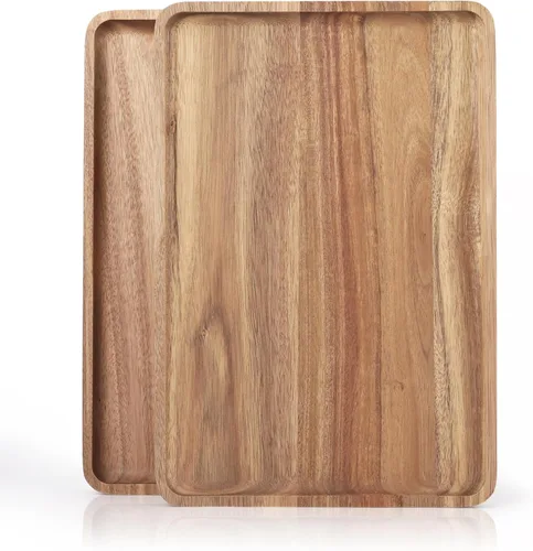 Miniatura 9 de 2 piezas de bandejas de madera de acacia maciza de 13 x 9 pulgadas, fuentes rectangulares de madera natural para bar, café, fiesta