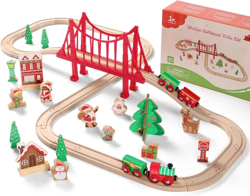 SainSmart Jr. Juego de tren de madera de 50 piezas, tren de juguete con exquisita caja, juego de pista de tren de madera apto para las principales