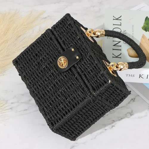 Miniatura 7 de Fecialy Bolso de mano de ratán tejido a mano para mujer, bolso de mano de paja para playa, bolso cruzado cuadrado bohemio