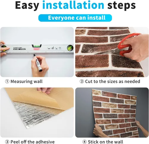 Miniatura 6 de Art3d Paquete de 10 - 52.5 pies cuadrados Paneles de pared 3D de ladrillo falso para despegar y pegar en marrón rojizo, papel tapiz de espuma