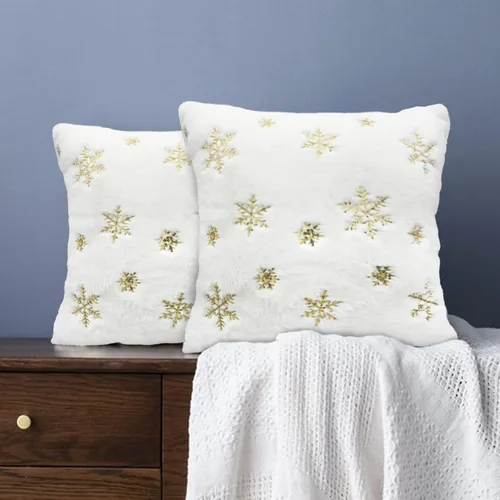 Miniatura 3 de LIGICKY Juego de 2 fundas de almohada de piel sintética blanca esponjosa con copos de nieve de lentejuelas doradas, decorativas, suaves, peludas