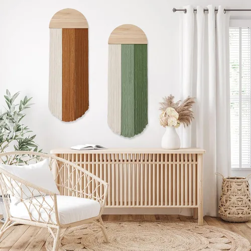 Miniatura 6 de Dremisland Macramé para colgar en la pared, decoración bohemia hecha a mano con borlas redondas, tapiz bohemio para colgar en la pared, decoración