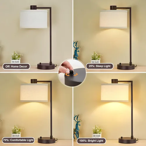 Miniatura 3 de Luvkczc Lámpara de Mesa para Dormitorio Juego de 2 con Puertos USB C+A - Lámpara de Noche Totalmente Regulable Sin Escalones con Pantalla de Lino