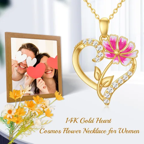 Miniatura 18 de Collar de flor de nacimiento de oro real de 14 quilates para mujer, oro amarillo creado moissanita con colgante de corazón, collares