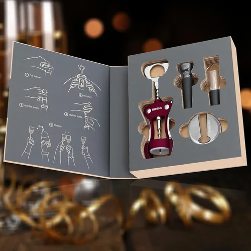 Miniatura 3 de Beneno Juego de regalo multifuncional para abrebotellas de vino, sacacorchos de ala, cortador de lámina, tapón al vacío y vertedor aireador, Rojo
