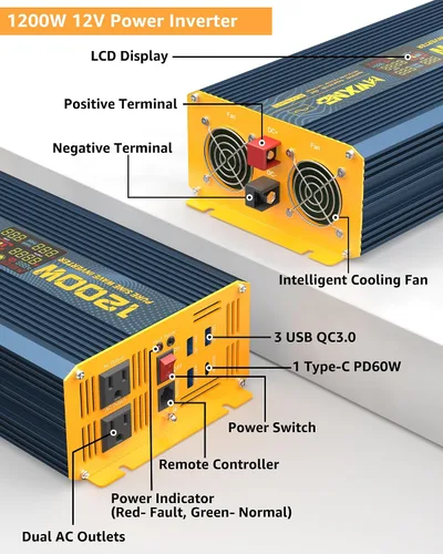 Miniatura 2 de Inversor de Potencia de Onda Sinusoidal Pura de 1200 Vatios DC 12V a 110V AC Convertidor con Dos Salidas de CA, Puertos USB de Carga Rápida