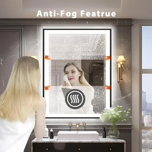 Miniatura 5 de Espejo de baño LED de 20 x 28 pulgadas para pared, marco negro (metal, aluminio), luz frontal y retroiluminada, 3 colores y espejo de tocador