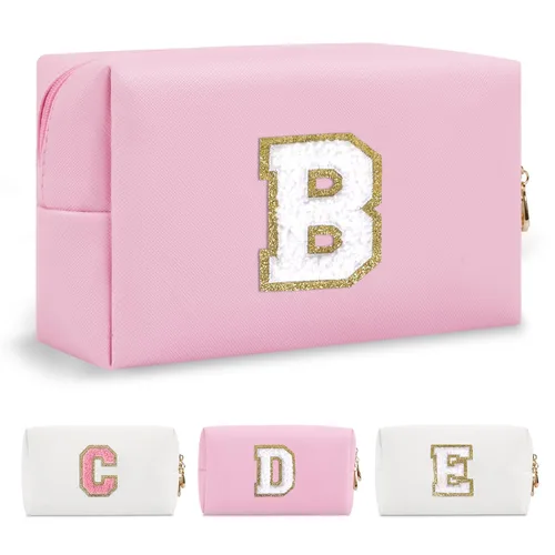 Miniatura 293 de Pequeña bolsa de maquillaje personalizada con inicial A-Z Preppy Patch, bolsa de cosméticos de viaje de felpilla blanca con cremallera, bonita bolsa