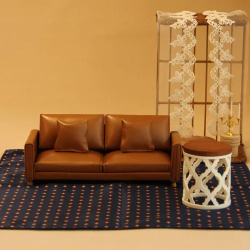 Miniatura 3 de Sofá de cuero para casa de muñecas en miniatura, a escala 1:12, juego de muebles de mini sofá con cojines para figura de muñeca de 3 a 6 pulgadas