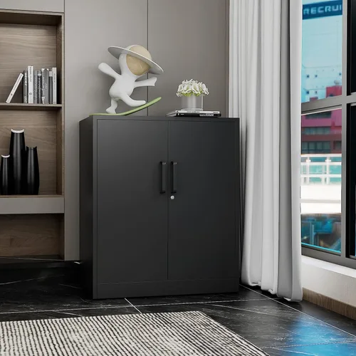 Miniatura 4 de PEUKC Armario de almacenamiento de metal con cerradura, gabinetes de almacenamiento pequeños de acero de 36 pulgadas, 2 estantes ajustables, 2 Negro