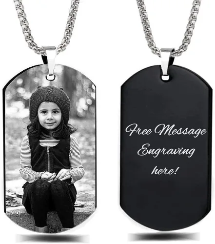 Collar con colgante de foto y mensaje personalizado con etiqueta para perro (etiqueta negra, foto negrablanca), Metal