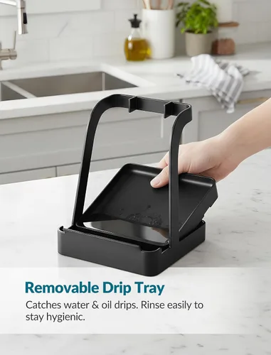 Miniatura 3 de NiHome Soporte para tapa de olla grande y soporte para cuchara con bandeja de goteo extraíble, organizador de encimera de cocina de hierro negro