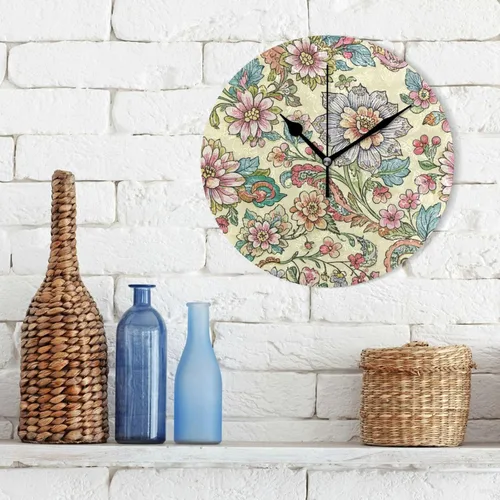 Miniatura 3 de Vintage Flower Print Beige 10 pulgadas ronda cocina relojes de pared sin tictac ruido único para oficina casa de campo dormitorio relojes de pared