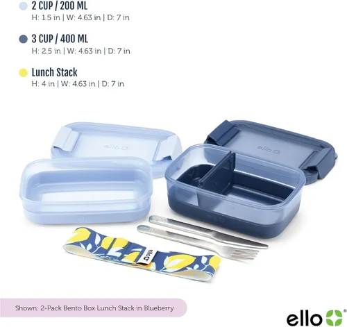 Miniatura 4 de Ello Juego de 2 contenedores de almacenamiento de alimentos de plástico para lonchera, tipo Bento, con tapas de plástico herméticas, a prueba