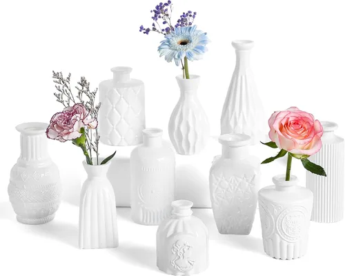 Juego de 10 jarrones de vidrio pequeños vintage, mini jarrones para flores, jarrones de vidrio ámbar para centros de mesa, decoración de boda, Blanco